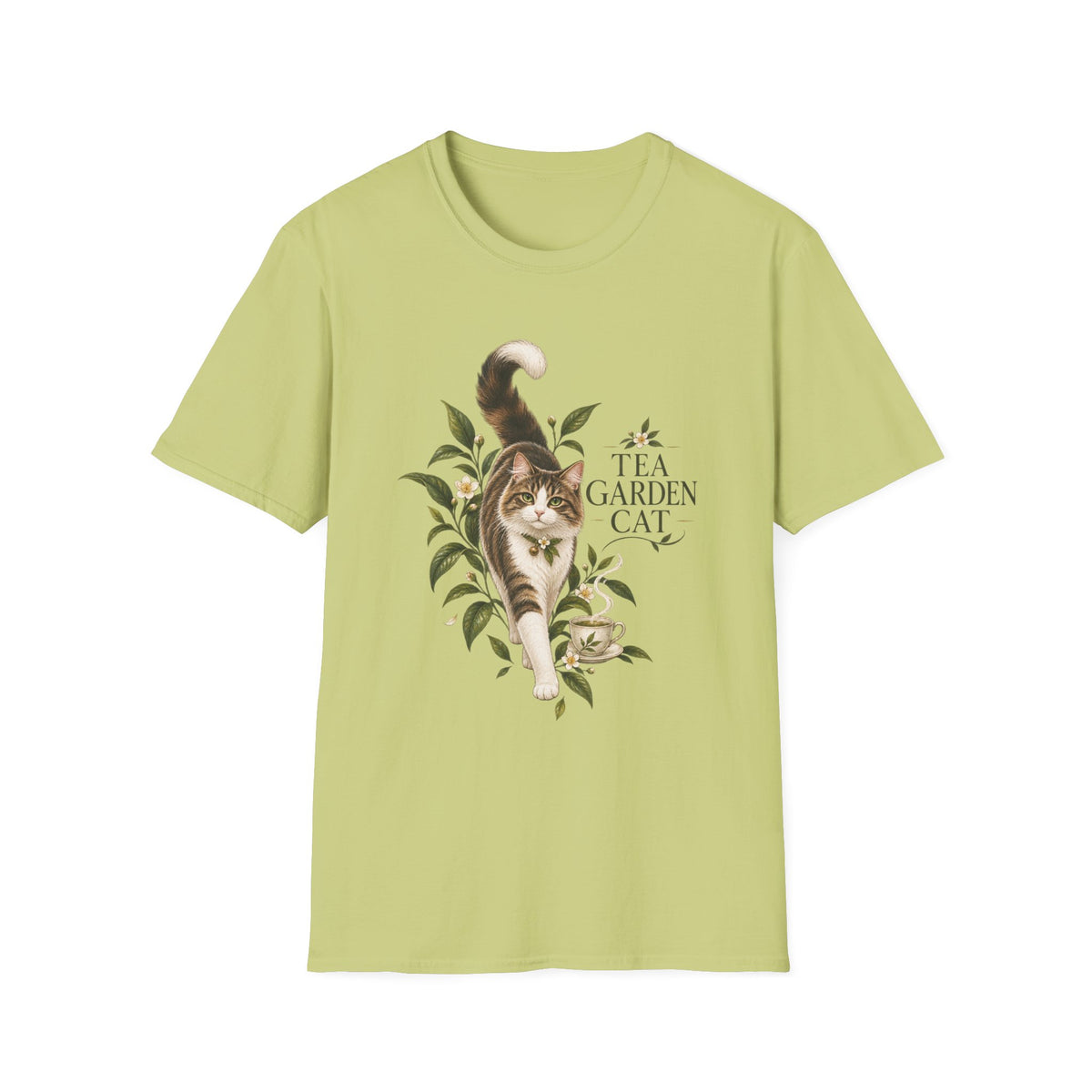 Tea Garden Cat T-Shirt — Cute Floral Cat Illustration Tee
