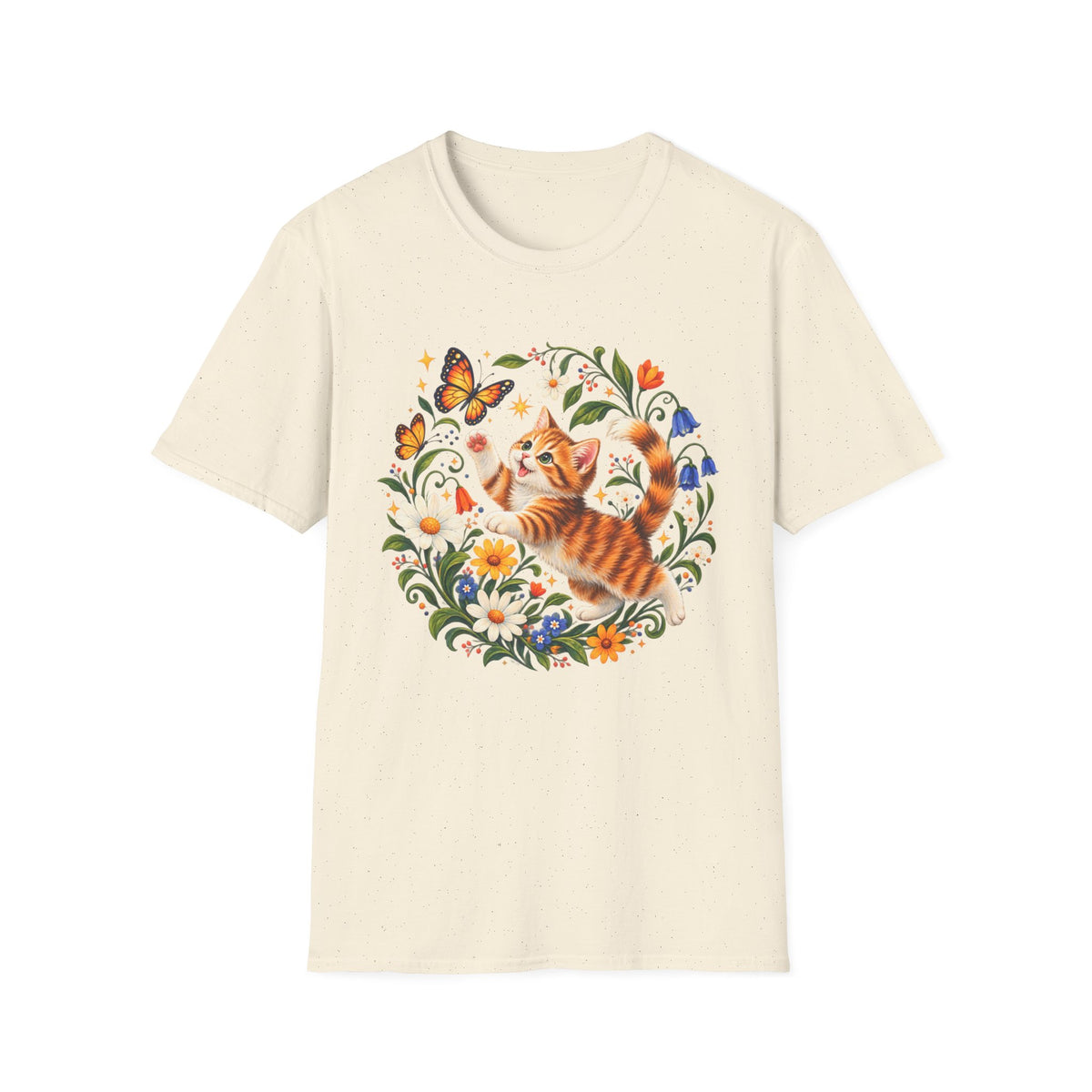 Cat and Butterflies T-Shirt — Whimsical Floral Kitten Tee