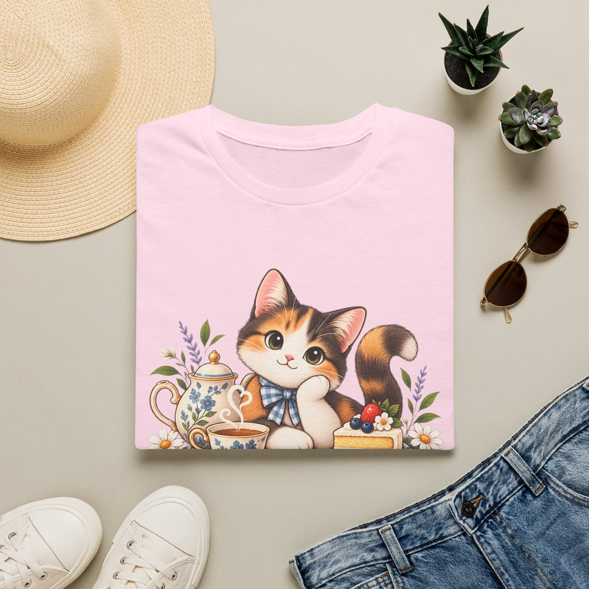 Tea Cake Cat T‑Shirt — Cute Calico Kitten Tea & Cake Graphic Tee