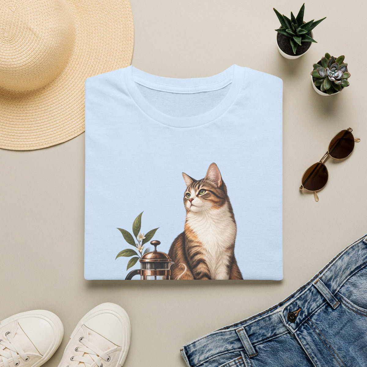 Cat & French Press T-Shirt — Cozy Coffee Lover Cat Tee