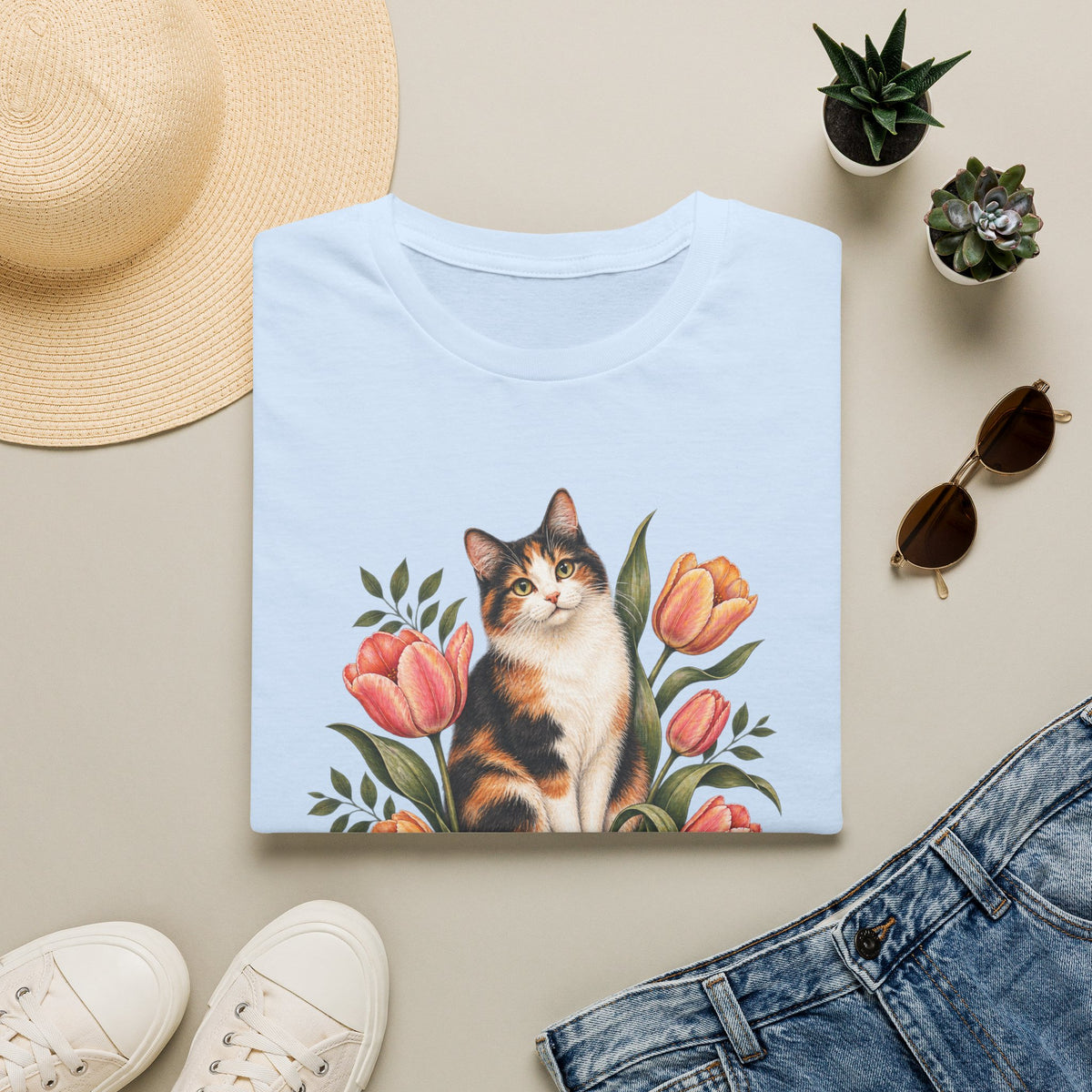 Calico Garden Cat T-Shirt — Floral Cat Lover Tee
