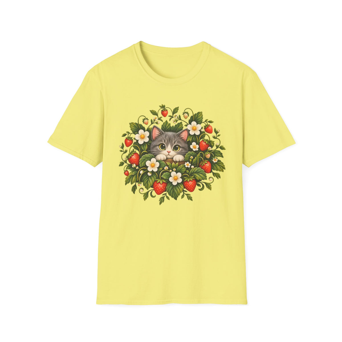 Cat in Strawberry Patch T-Shirt — Cute Floral Kitten Graphic Tee