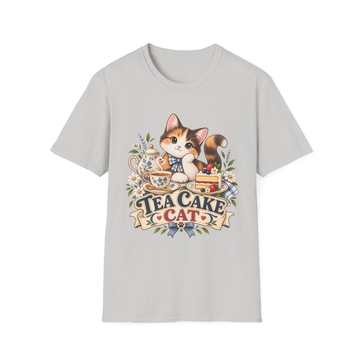 Tea Cake Cat T‑Shirt — Cute Calico Kitten Tea & Cake Graphic Tee