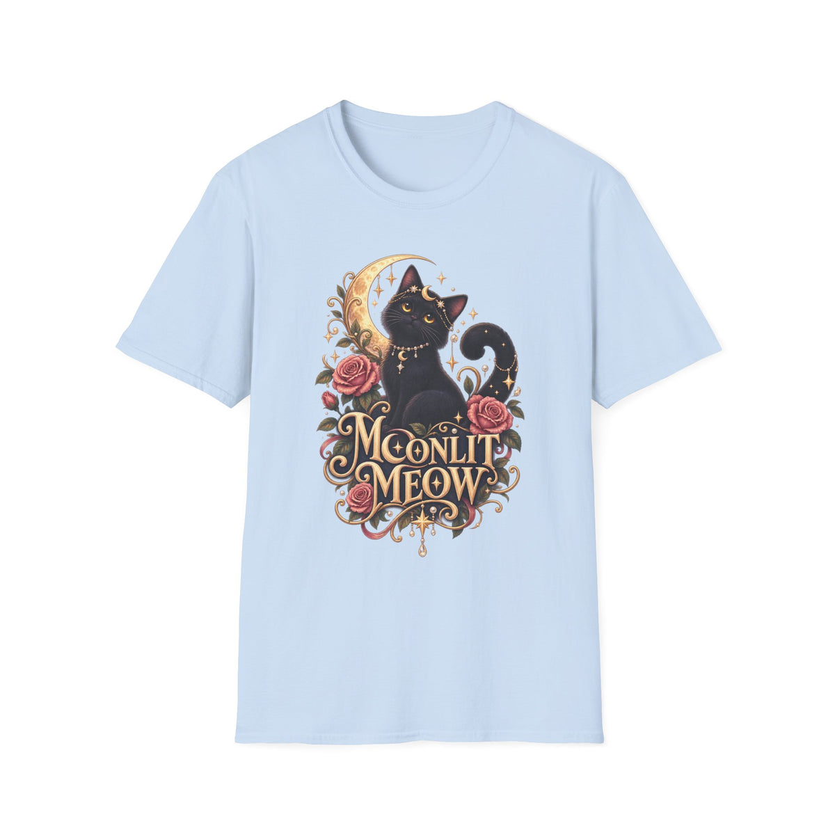 Moonlit Meow T-Shirt — Black Cat with Crescent Moon & Roses