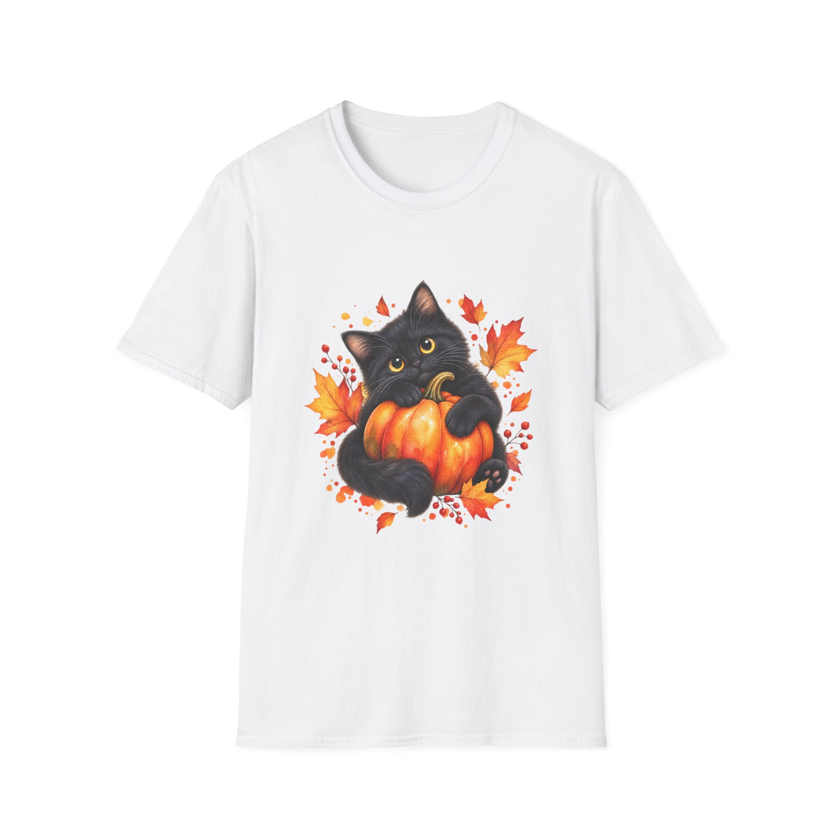 Black Cat Pumpkin T-Shirt — Cute Fall Halloween Tee with Autumn Leaves
