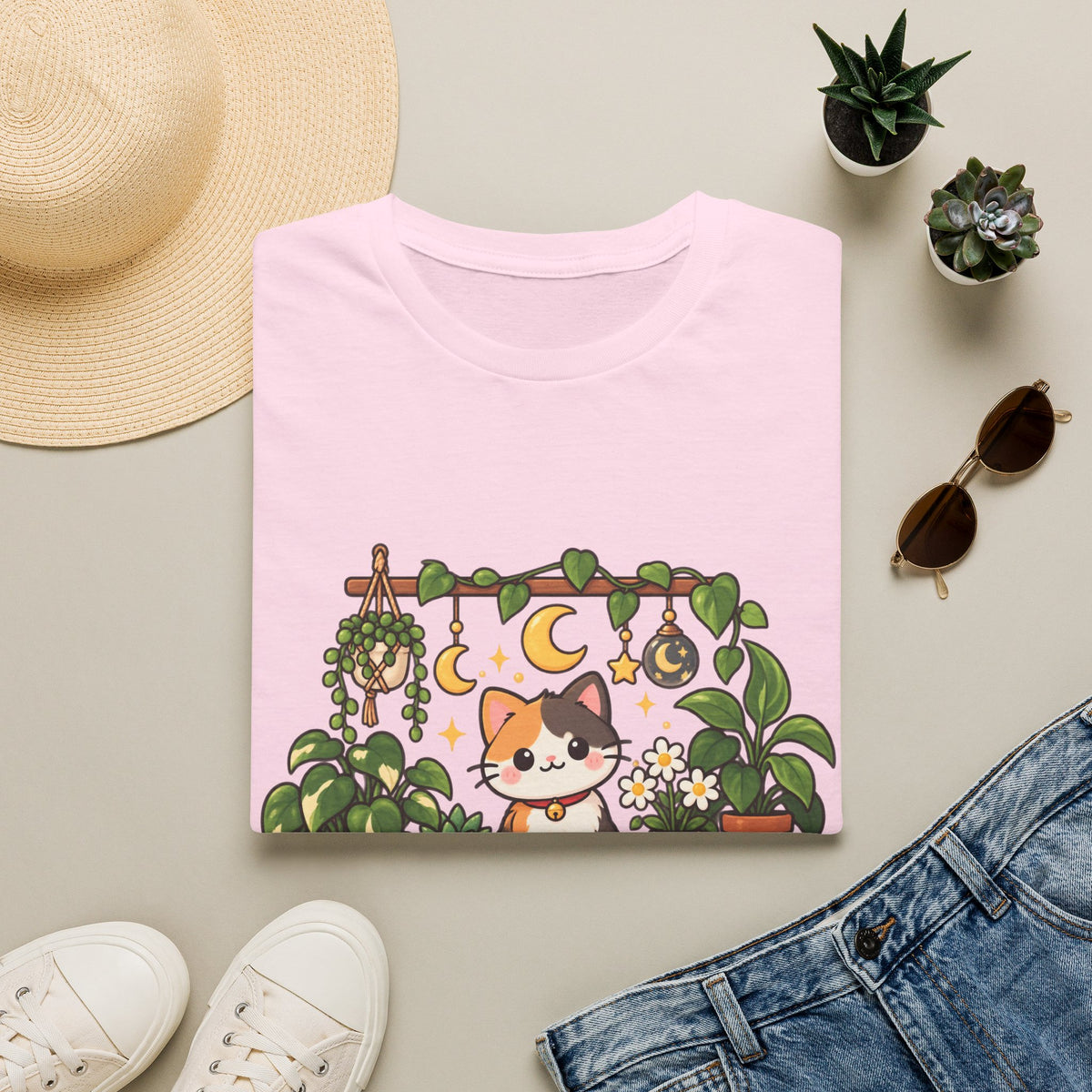 Plant Mom Cat T-Shirt — Calico Cat Among Houseplants with 'Plant Stuff + Gratitude' Design