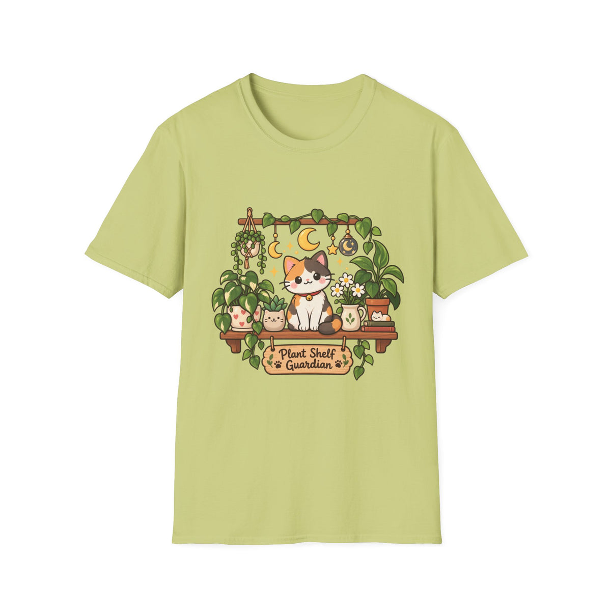 Plant Mom Cat T-Shirt — Calico Cat Among Houseplants with 'Plant Stuff + Gratitude' Design