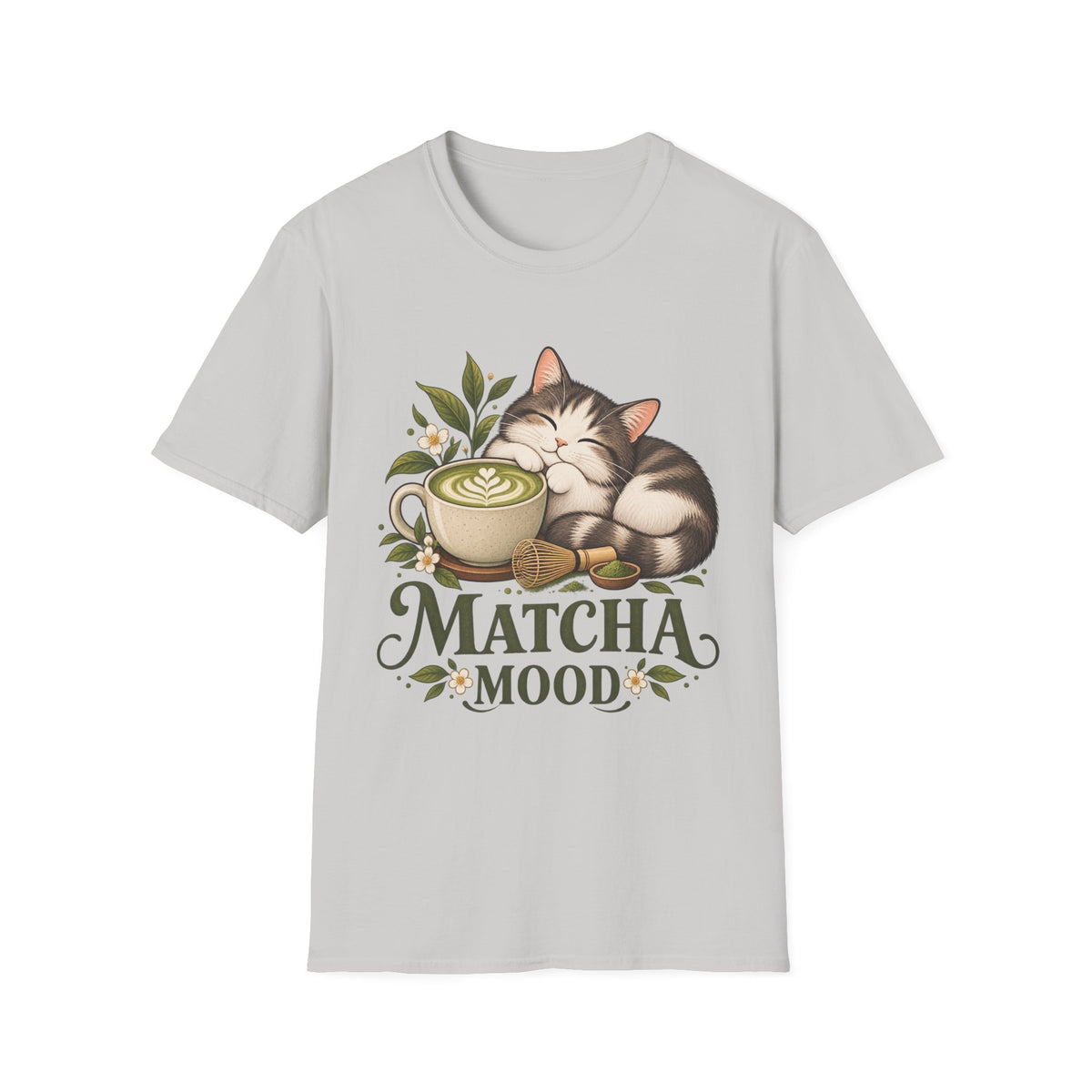 Matcha Mood Cat T-Shirt — Cute Sleeping Cat & Matcha Latte Tee for Tea Lovers
