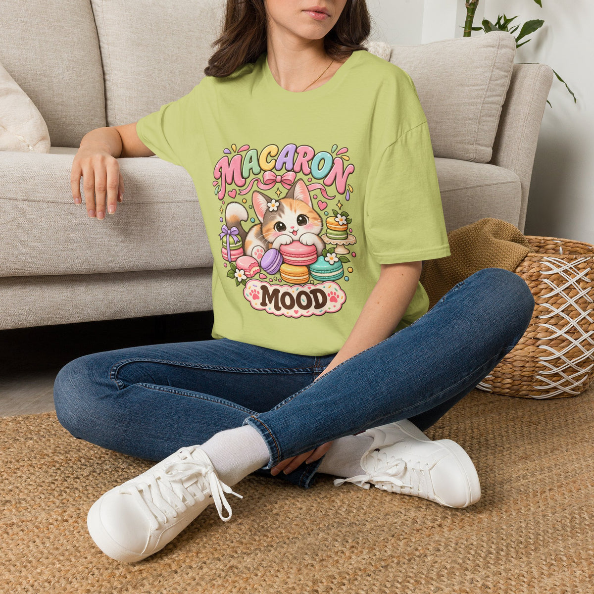 Macaron Mood T‑Shirt — Cute Kawaii Cat with Macarons Graphic