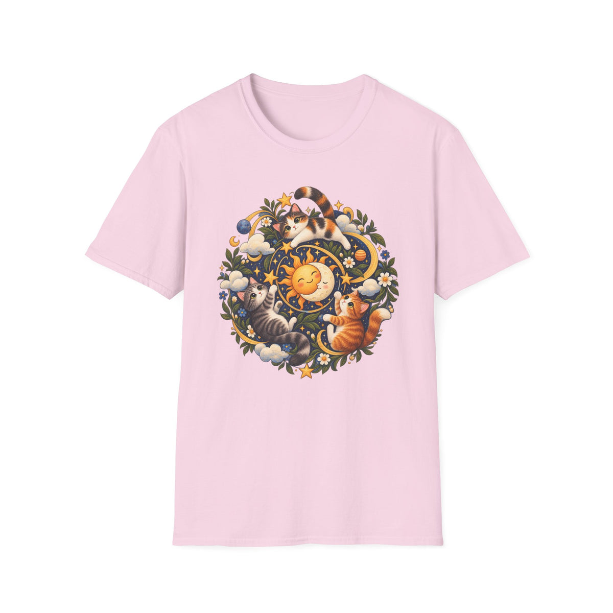 Celestial Cat Graphic Tee — Sun, Moon & Floral Vintage-Inspired T-Shirt