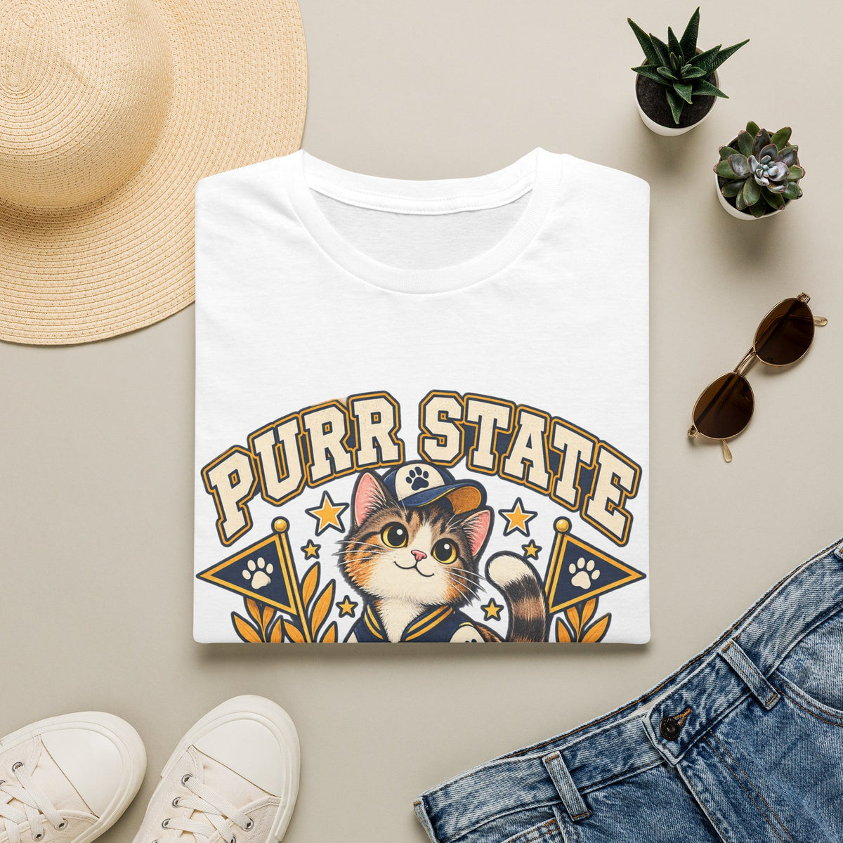 Purr State College T-Shirt — Cute Cat Mascot Graphic Tee