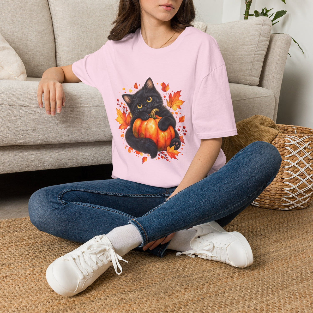 Black Cat Pumpkin T-Shirt — Cute Fall Halloween Tee with Autumn Leaves