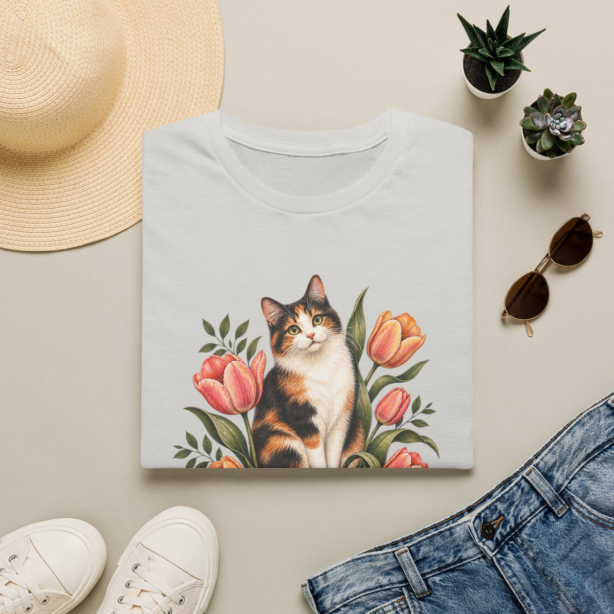 Calico Garden Cat T-Shirt — Floral Cat Lover Tee