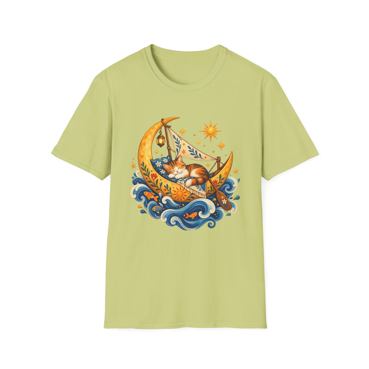 Cat on Crescent Moon T-Shirt — Whimsical Sleepy Cat Boho Tee