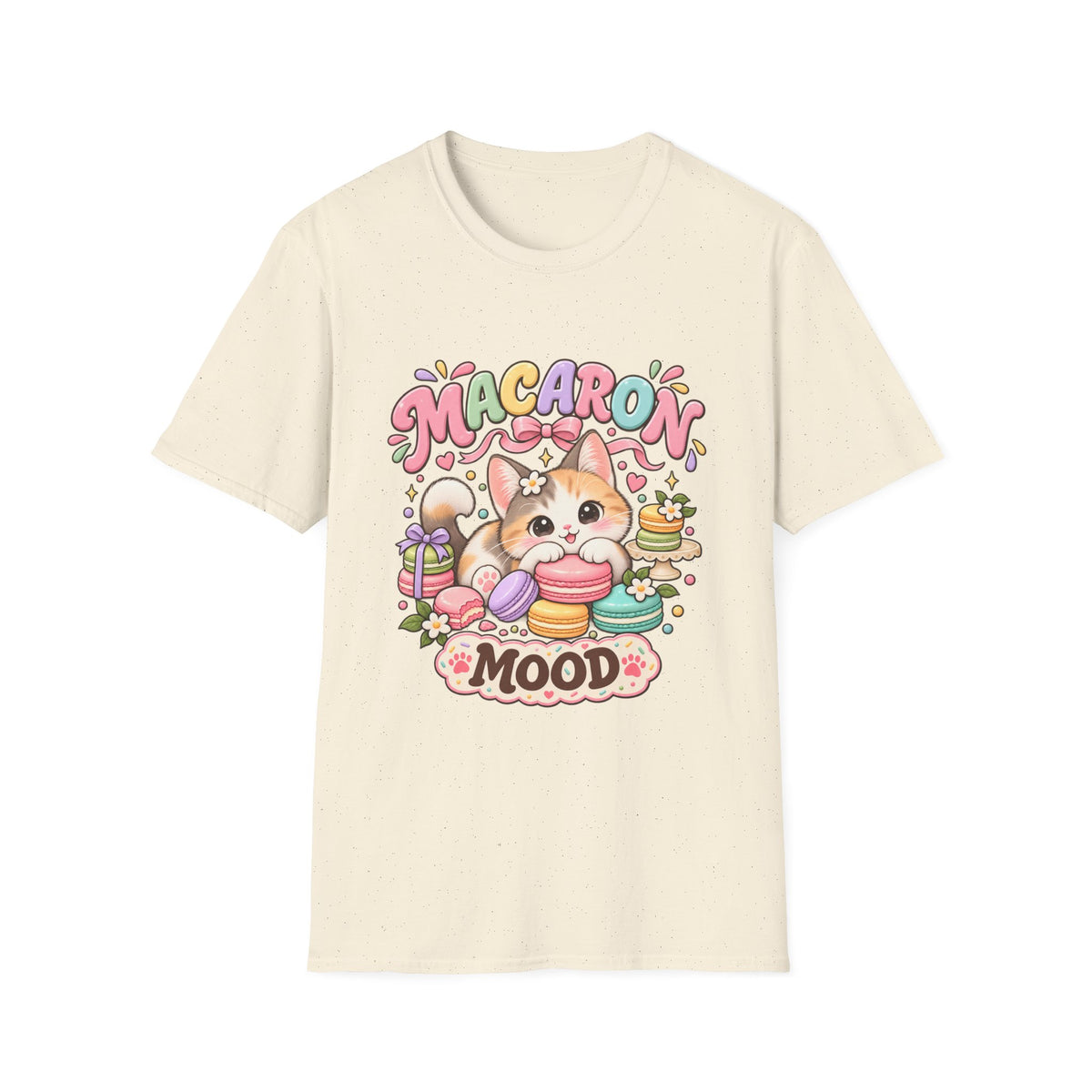 Macaron Mood T‑Shirt — Cute Kawaii Cat with Macarons Graphic