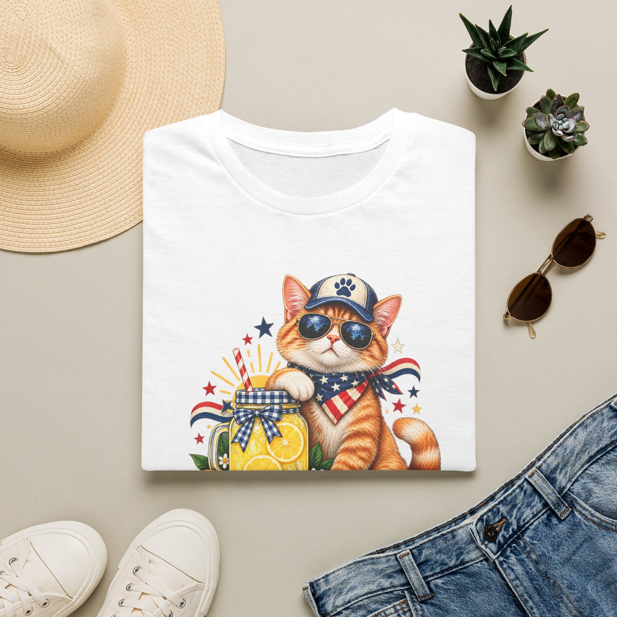 Patriotic Cat Lemonade Stand T-Shirt — "Lemonade Stand Security" Cute 4th of July Tee