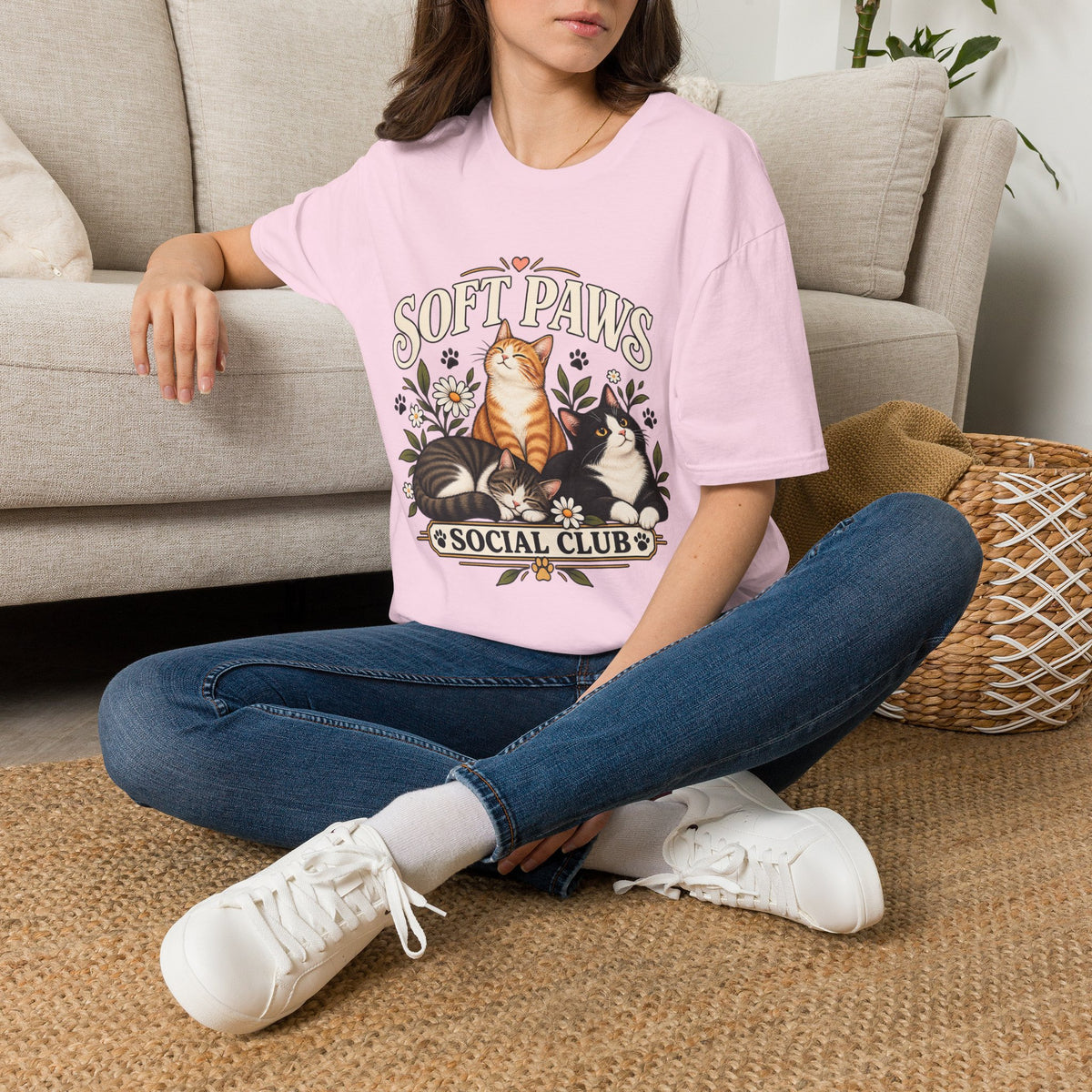 Cat T‑Shirt — "Soft Paws Social Club" Cute Floral Cat Tee for Cat Lovers