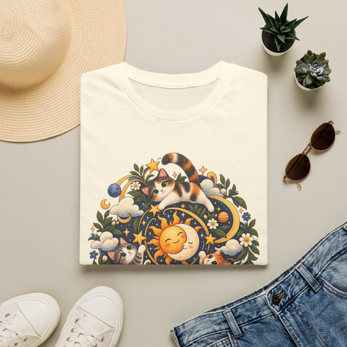 Celestial Cat Graphic Tee — Sun, Moon & Floral Vintage-Inspired T-Shirt