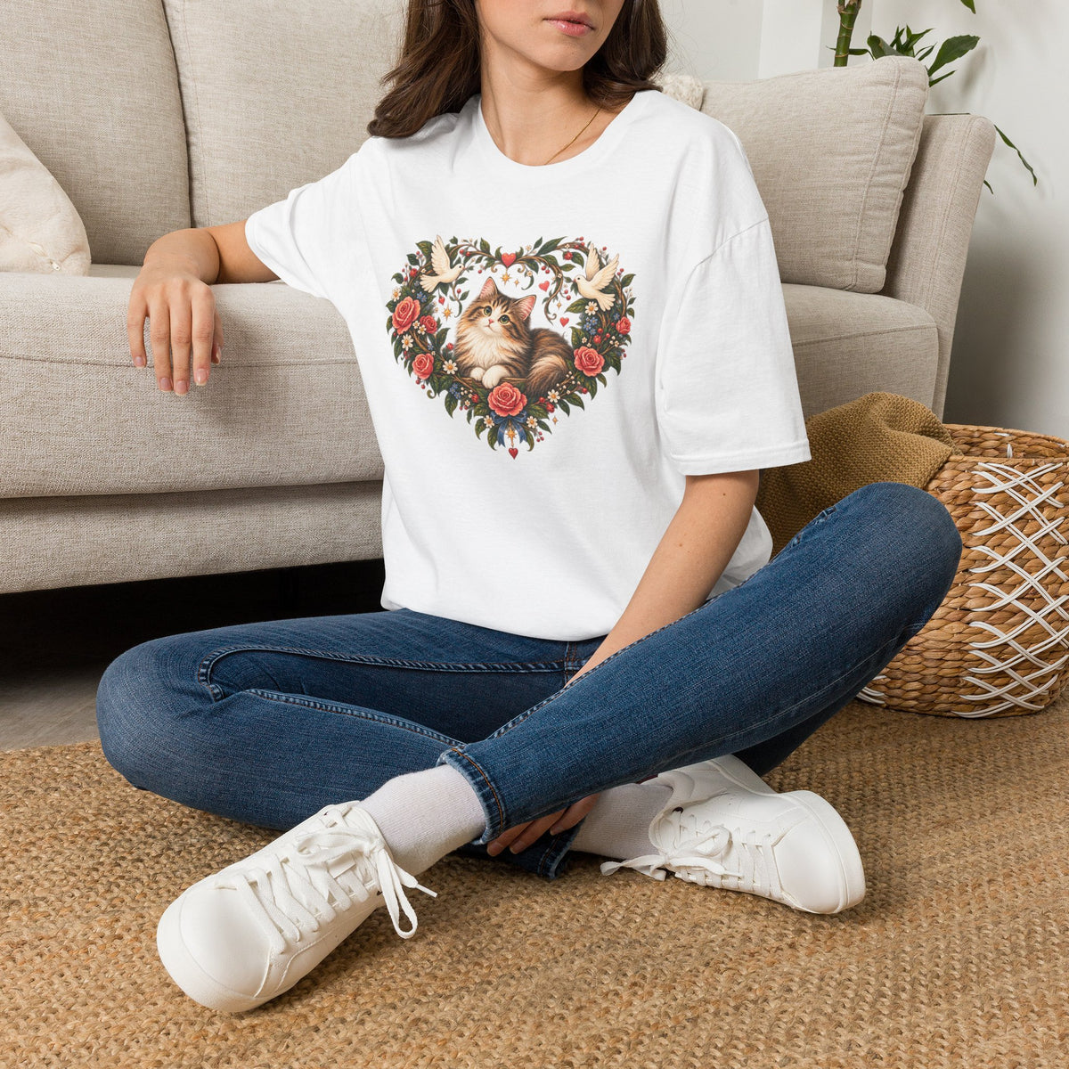 Cat Heart Floral T-Shirt — Vintage Rose & Dove Kitty Tee