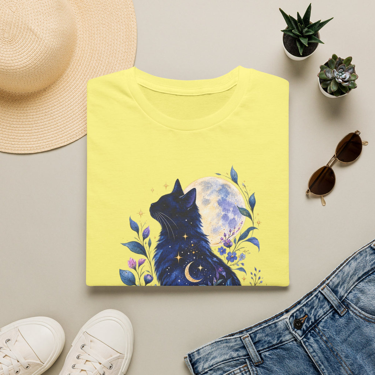 Moonlit Cat T-Shirt — Night Sky Floral Cat Silhouette Tee