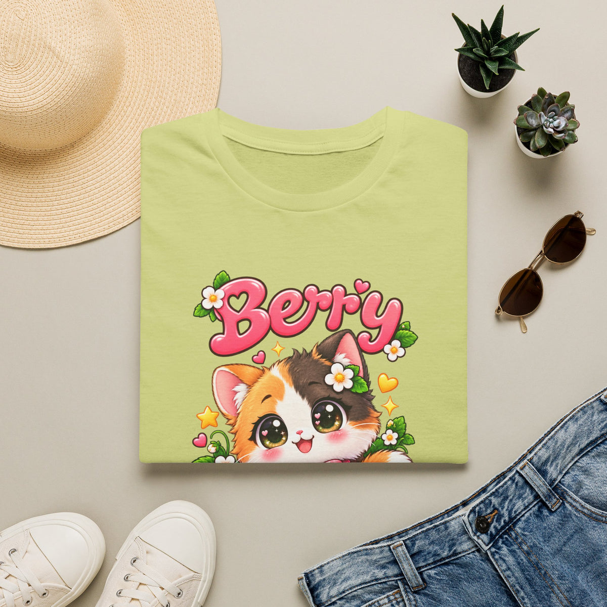 Cute Calico Cat 'Berry Cute' T-Shirt — Kawaii Fruit & Floral Graphic Tee