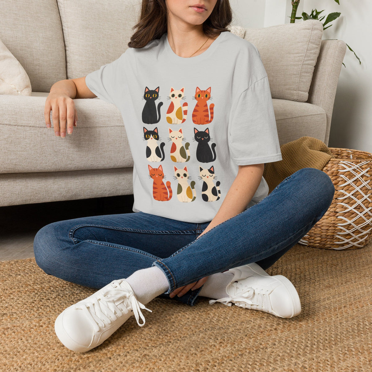 Cat Pattern T‑Shirt — Cute Row of Cartoon Cats Graphic Tee