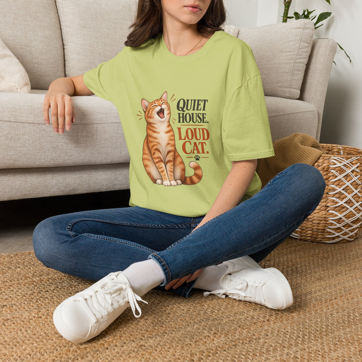 Cat T-Shirt — "Quiet House. Loud Cat." Cute Yawning Tabby Graphic Tee for Cat Lovers