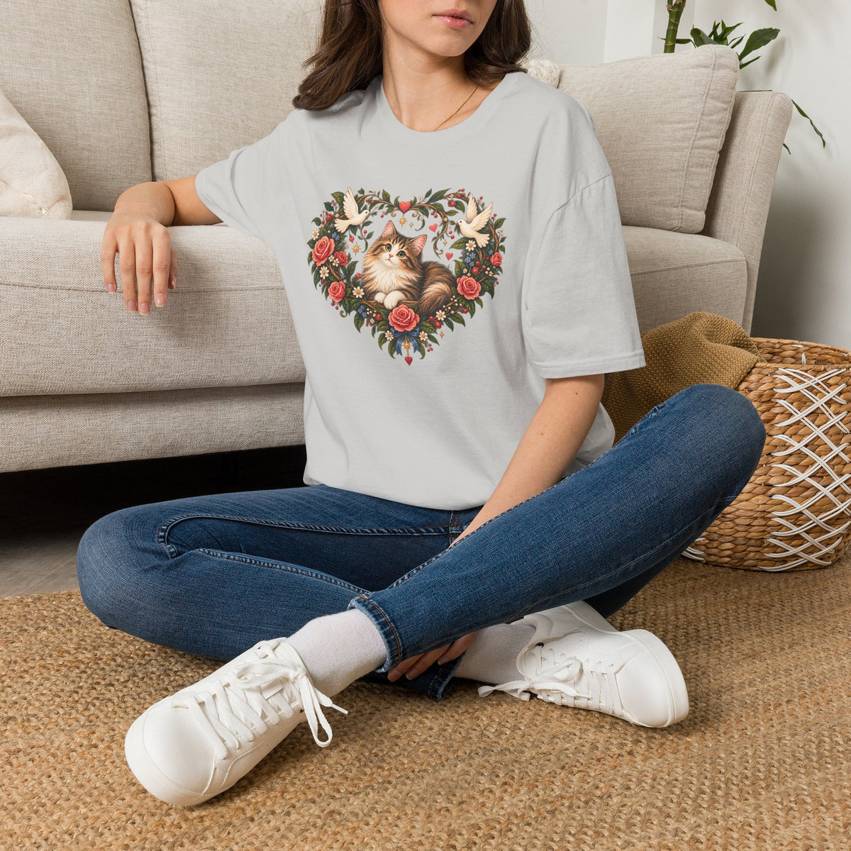 Cat Heart Floral T-Shirt — Vintage Rose & Dove Kitty Tee