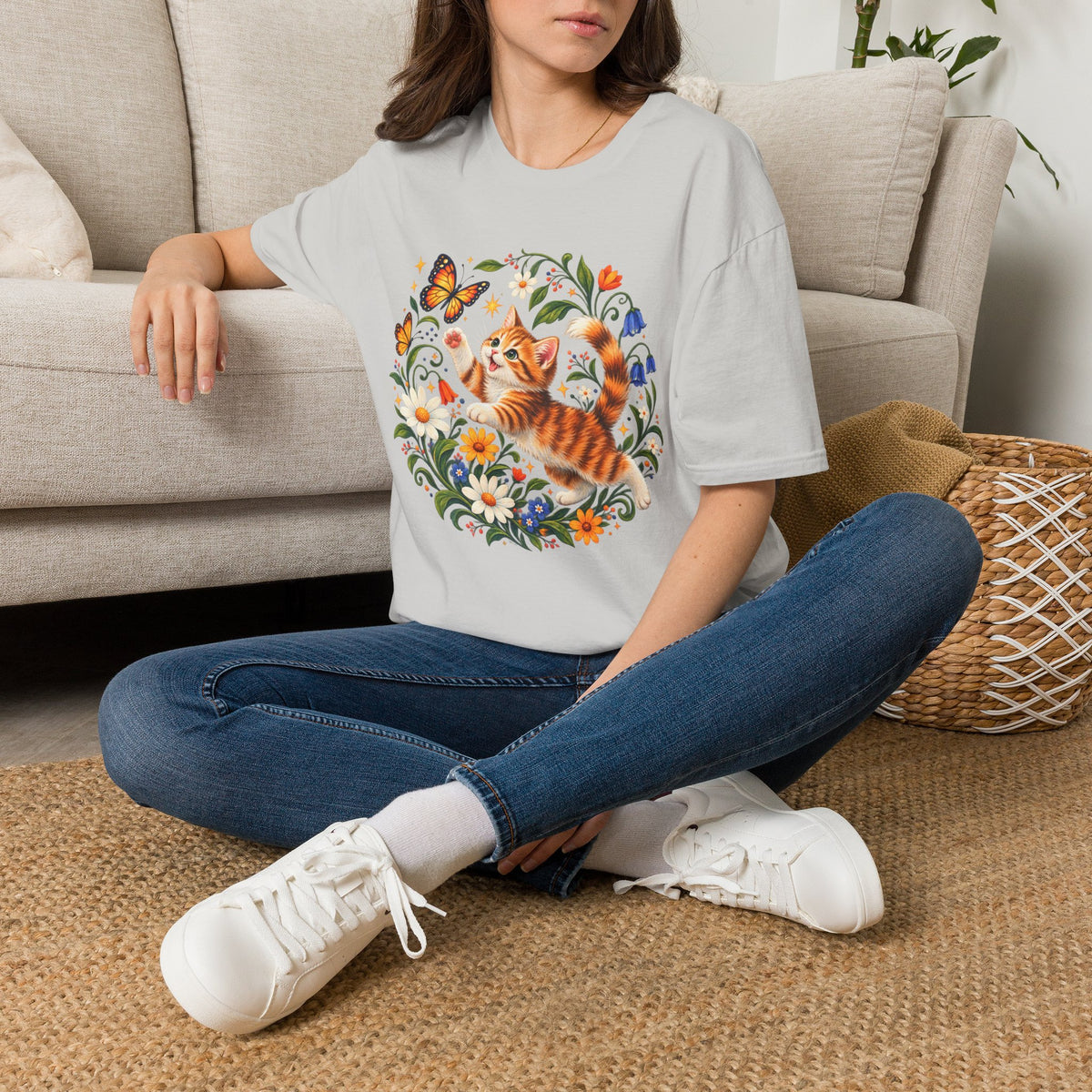 Cat and Butterflies T-Shirt — Whimsical Floral Kitten Tee