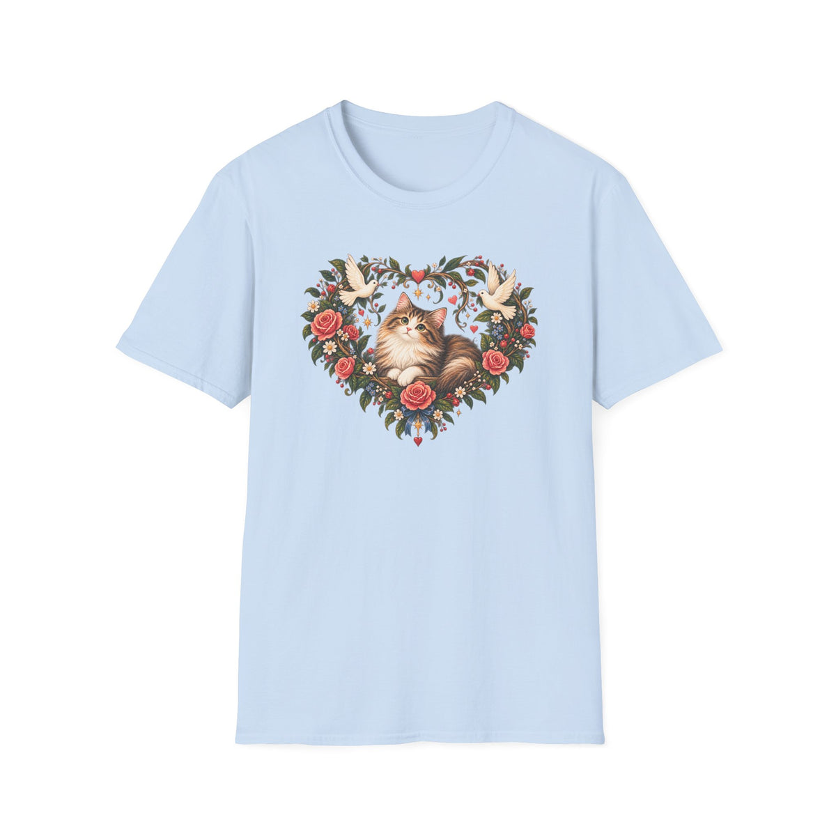 Cat Heart Floral T-Shirt — Vintage Rose & Dove Kitty Tee