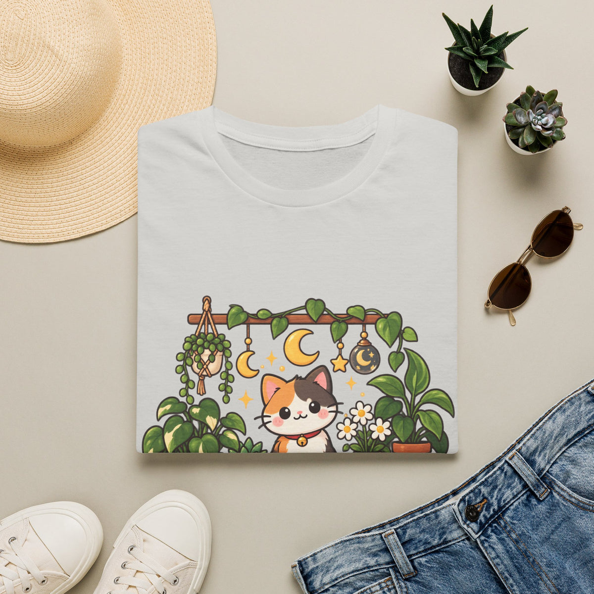 Plant Mom Cat T-Shirt — Calico Cat Among Houseplants with 'Plant Stuff + Gratitude' Design
