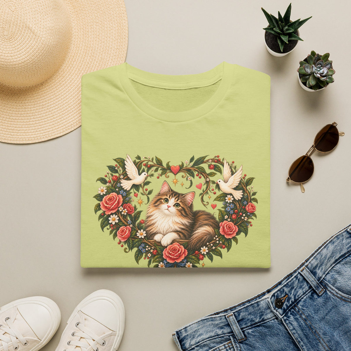 Cat Heart Floral T-Shirt — Vintage Rose & Dove Kitty Tee