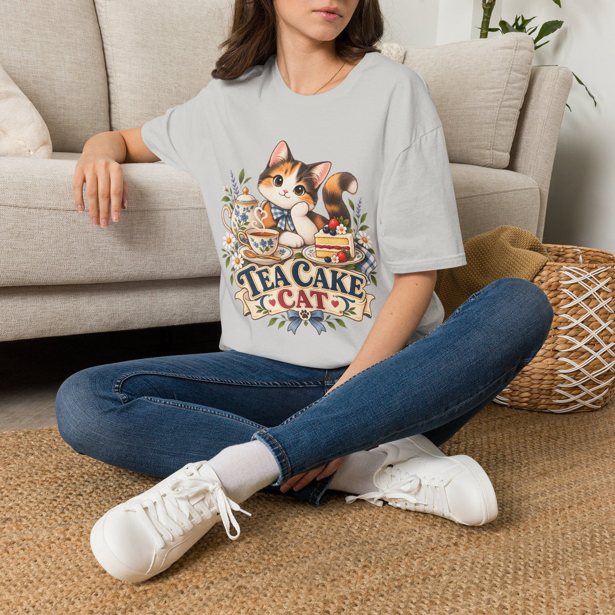 Tea Cake Cat T‑Shirt — Cute Calico Kitten Tea & Cake Graphic Tee