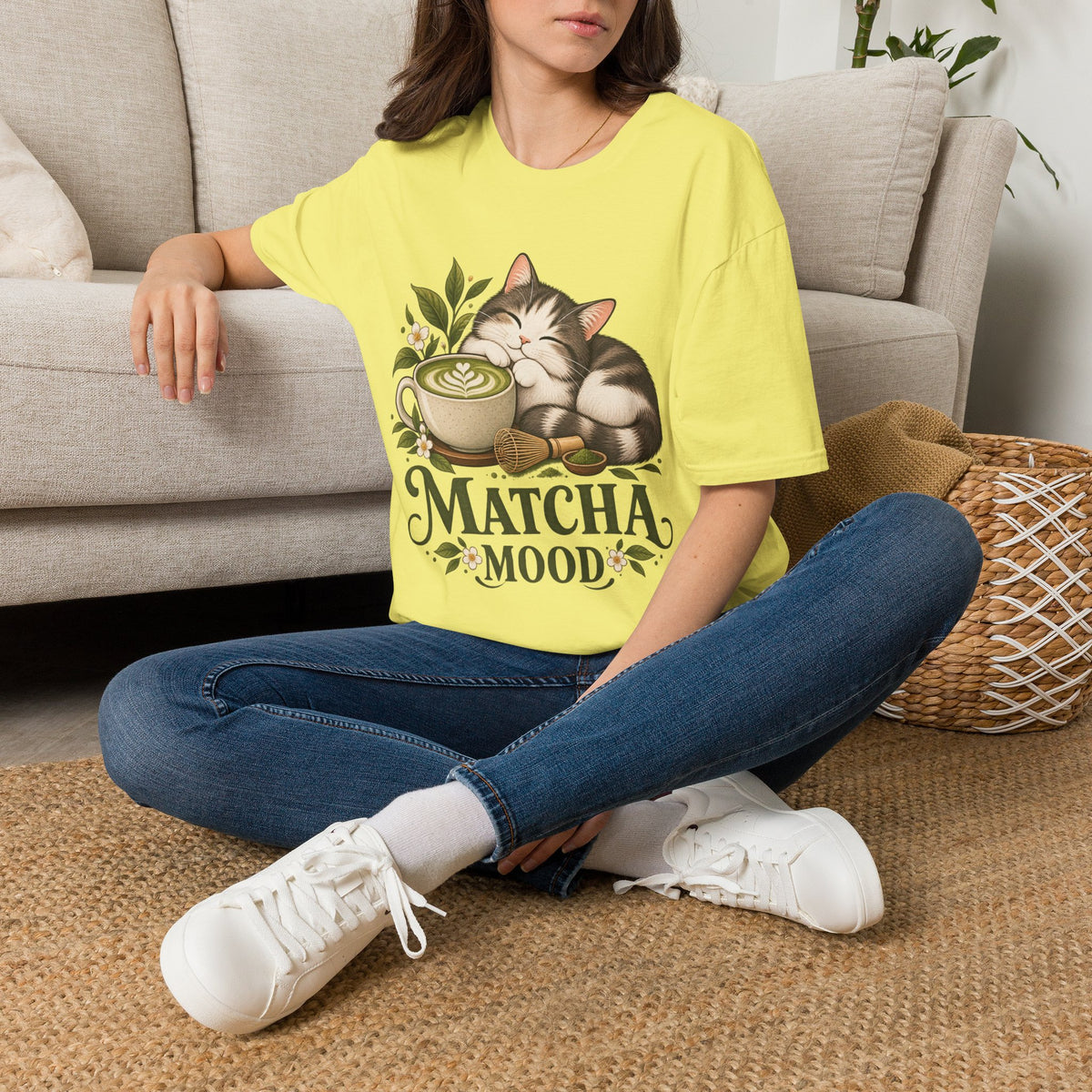 Matcha Mood Cat T-Shirt — Cute Sleeping Cat & Matcha Latte Tee for Tea Lovers