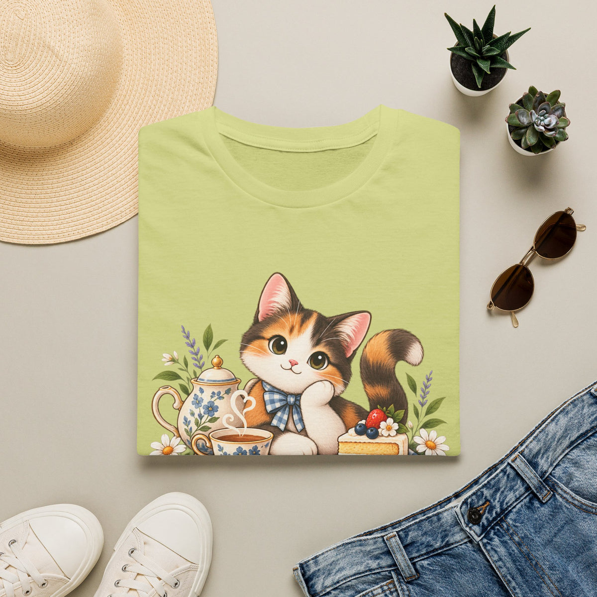 Tea Cake Cat T‑Shirt — Cute Calico Kitten Tea & Cake Graphic Tee