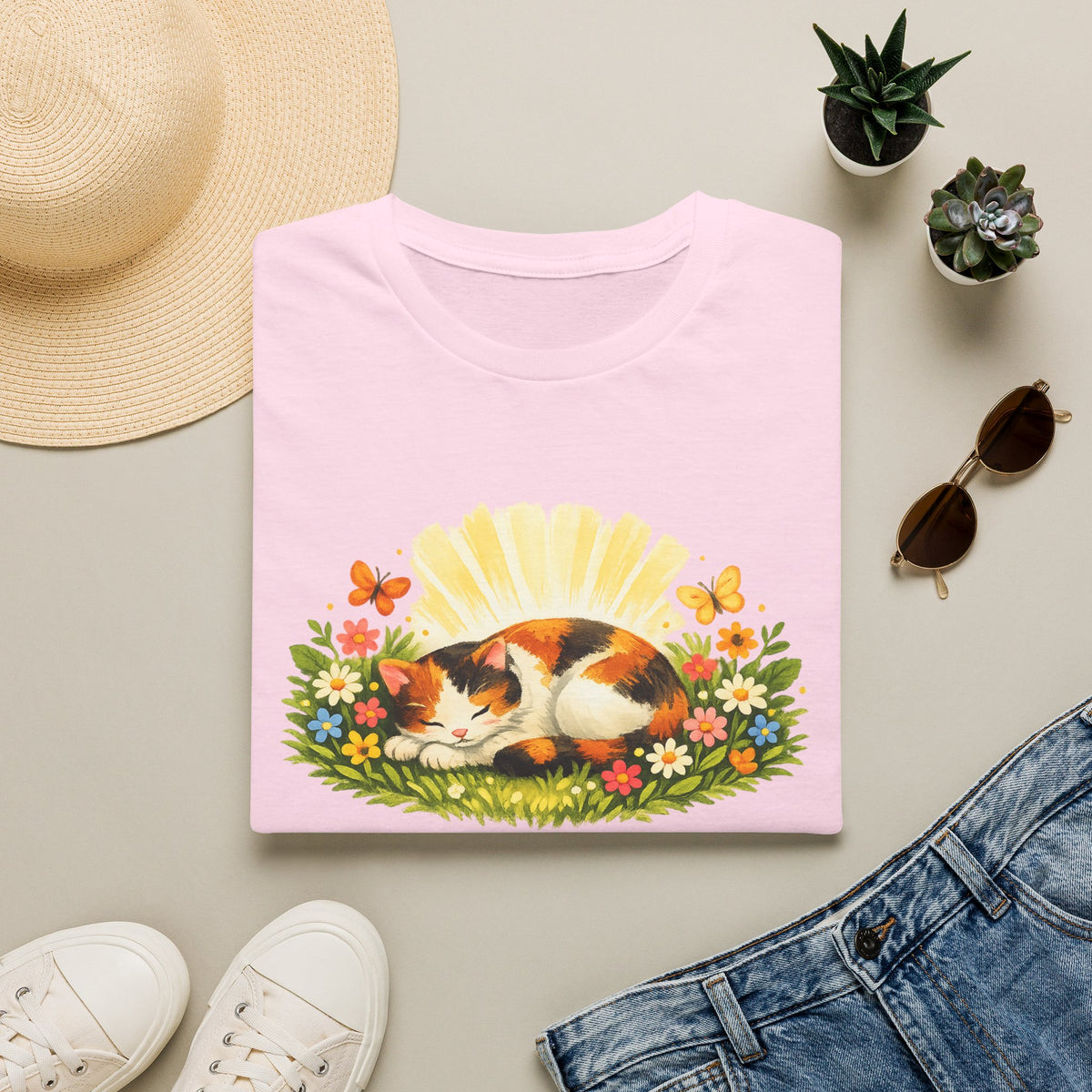 Calico Cat in Wildflower Sunrise T-Shirt