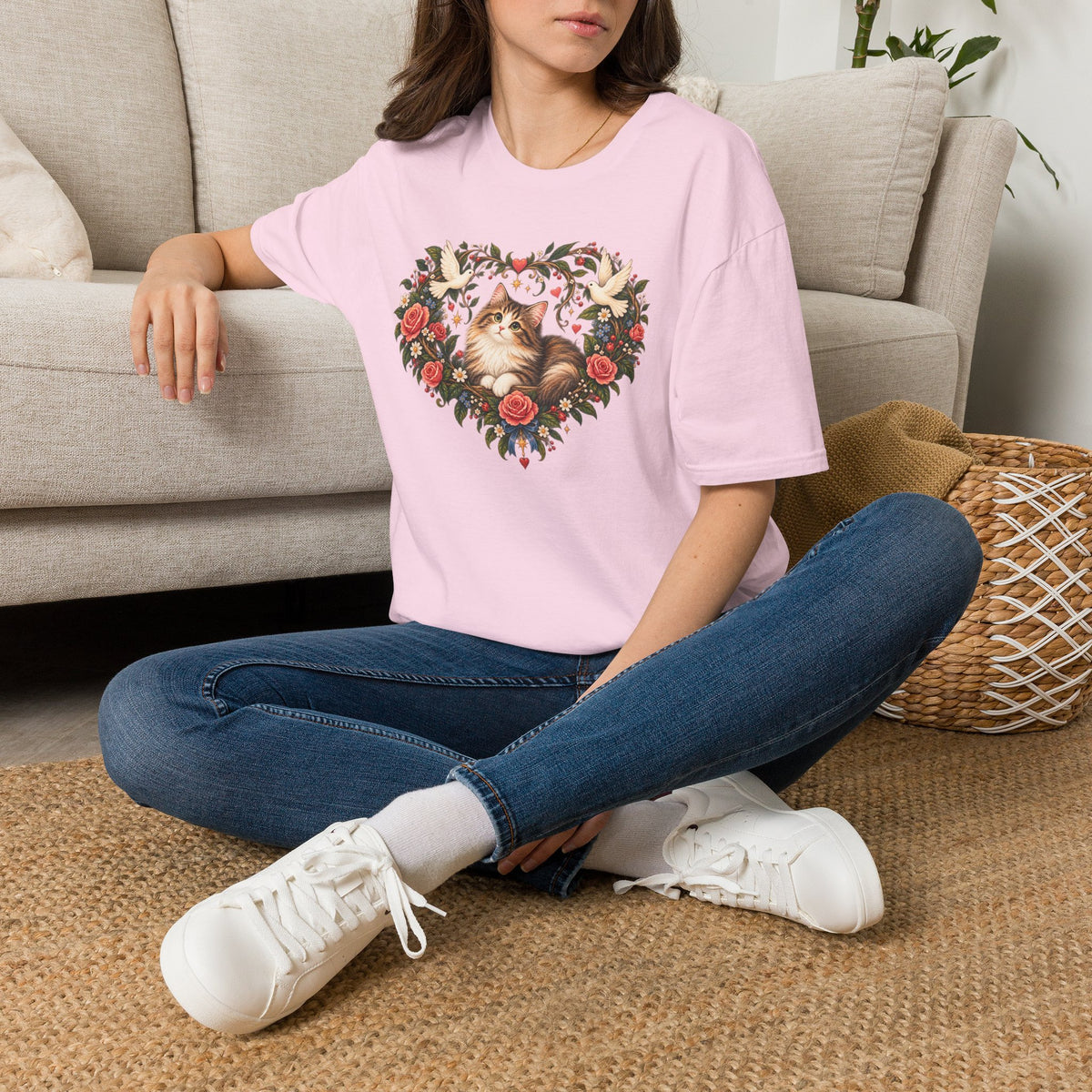 Cat Heart Floral T-Shirt — Vintage Rose & Dove Kitty Tee