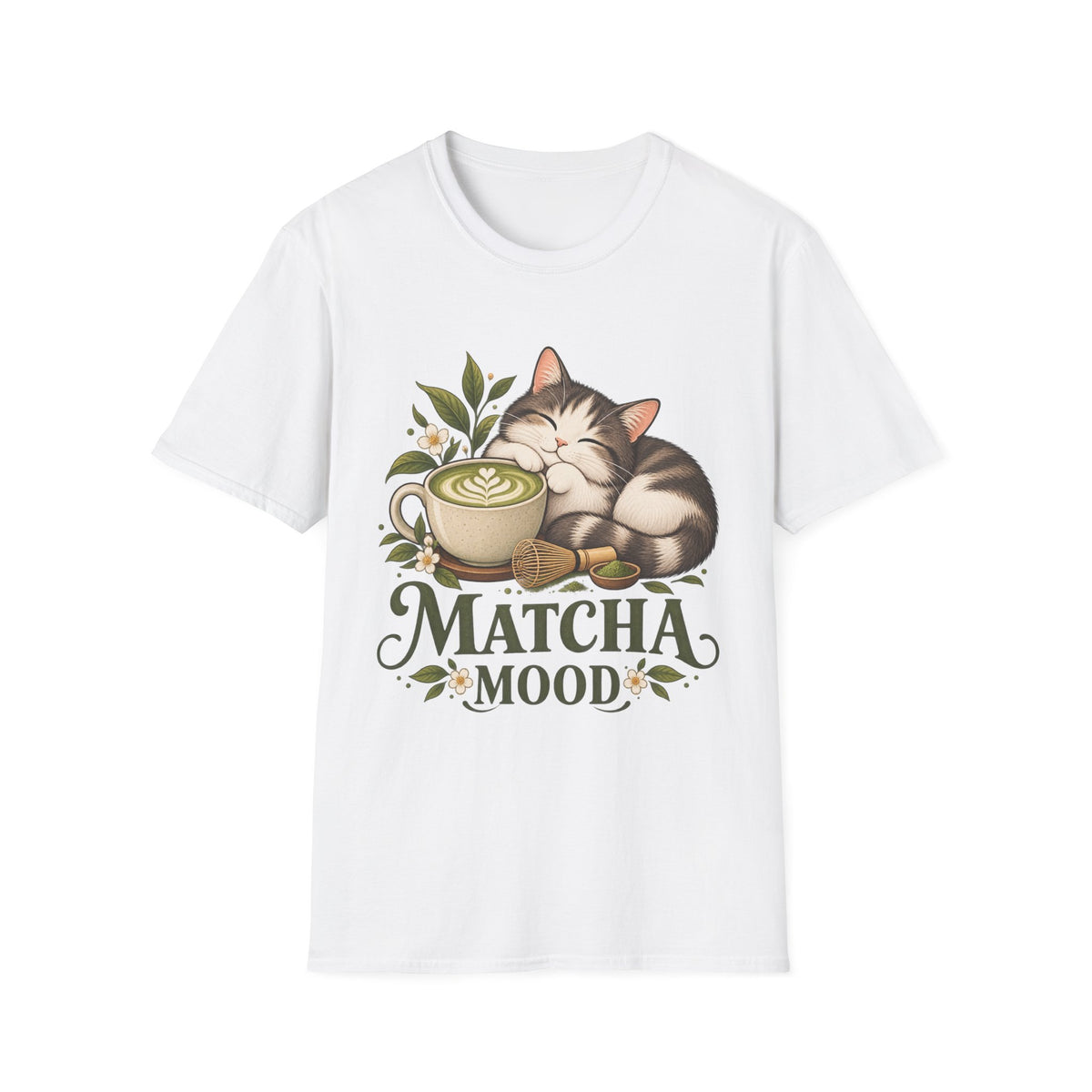 Matcha Mood Cat T-Shirt — Cute Sleeping Cat & Matcha Latte Tee for Tea Lovers