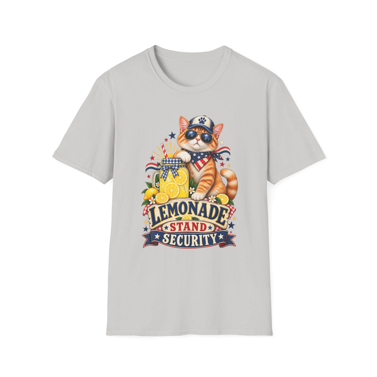 Patriotic Cat Lemonade Stand T-Shirt — "Lemonade Stand Security" Cute 4th of July Tee