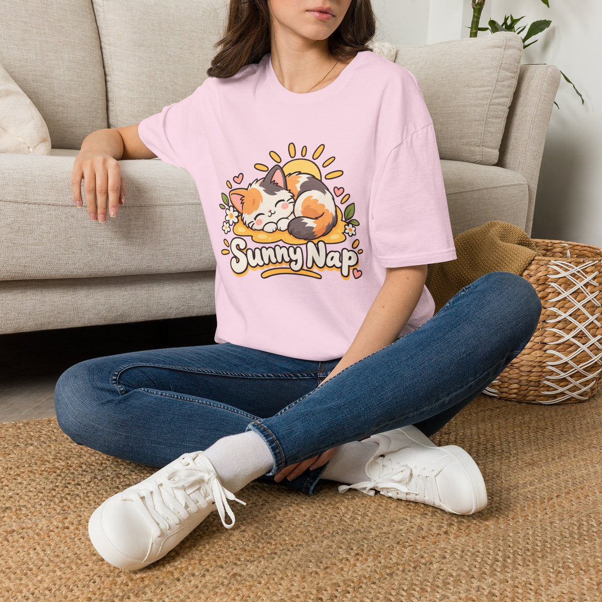 Cat T-Shirt — "Sunny Nap" Calico Cat Graphic Tee