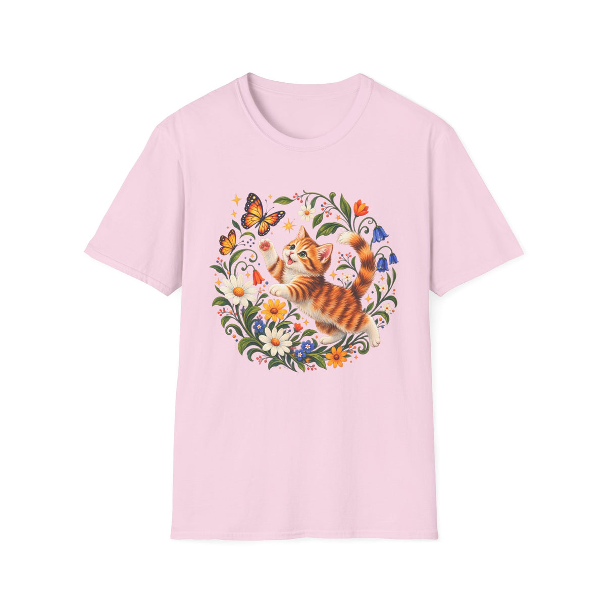 Cat and Butterflies T-Shirt — Whimsical Floral Kitten Tee