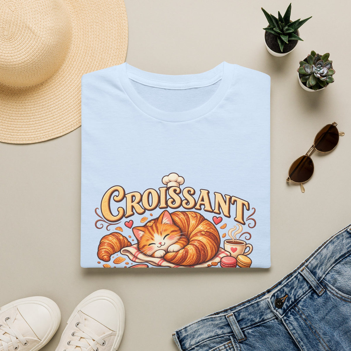 Croissant Cat T-Shirt — Cute Sleeping Cat ‘Croissant Cat Club’ Graphic Tee