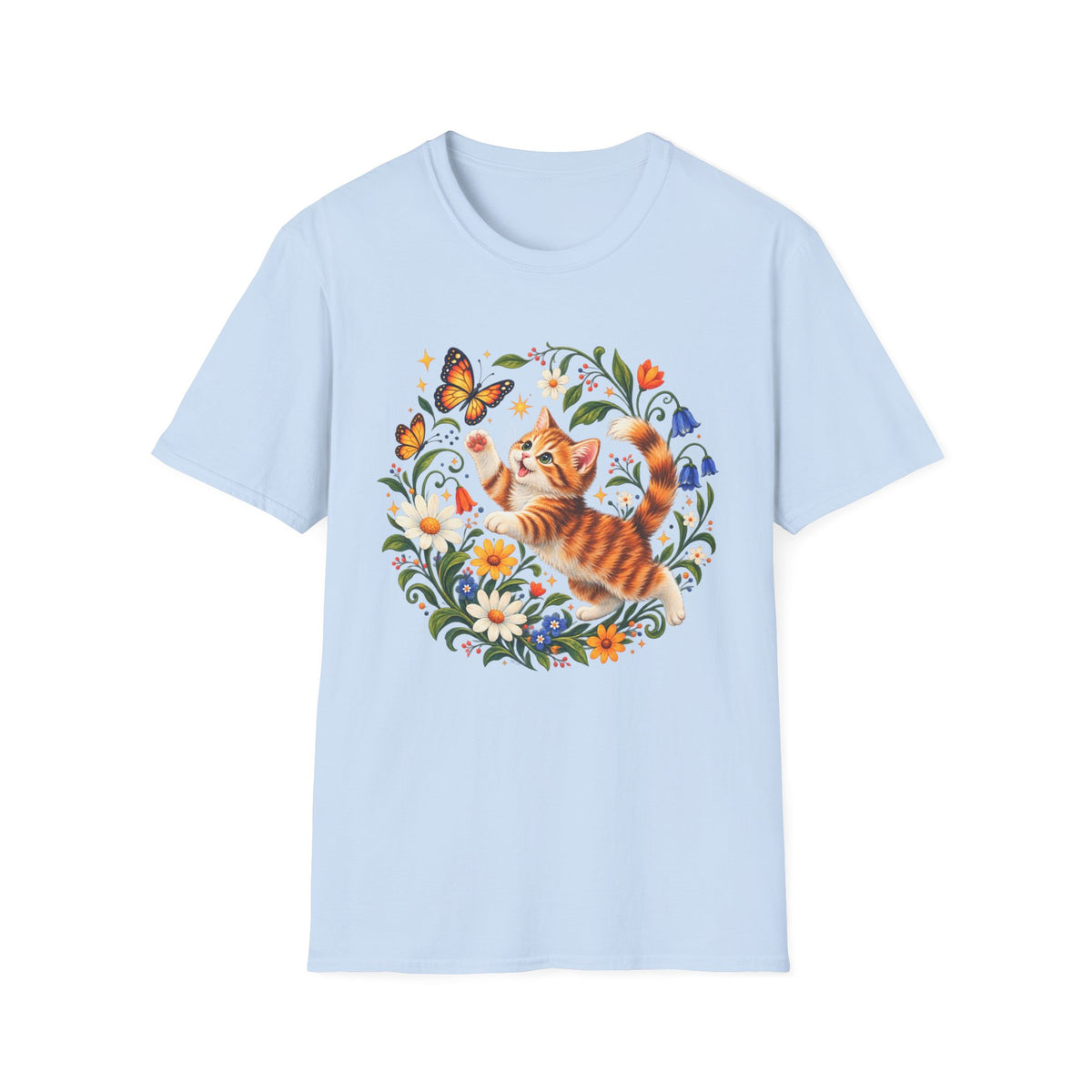 Cat and Butterflies T-Shirt — Whimsical Floral Kitten Tee