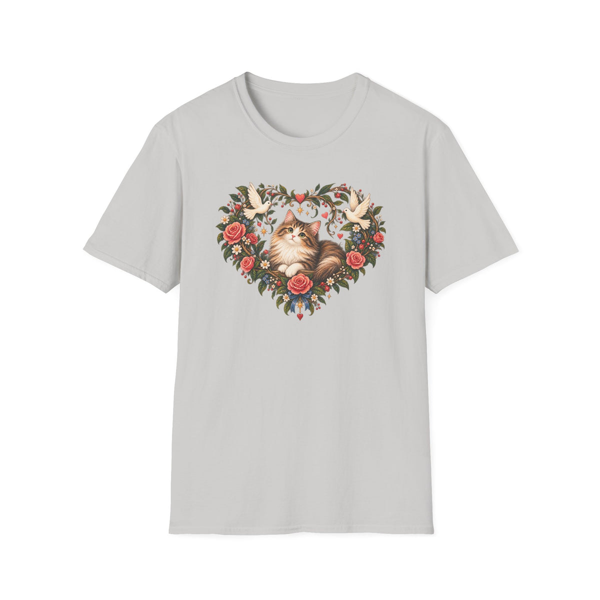 Cat Heart Floral T-Shirt — Vintage Rose & Dove Kitty Tee