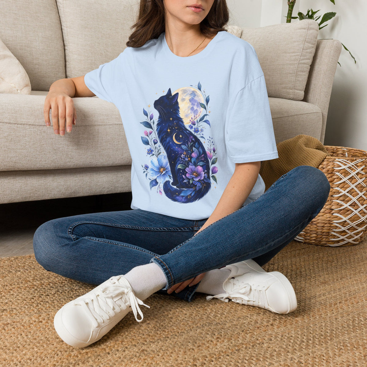 Moonlit Cat T-Shirt — Night Sky Floral Cat Silhouette Tee