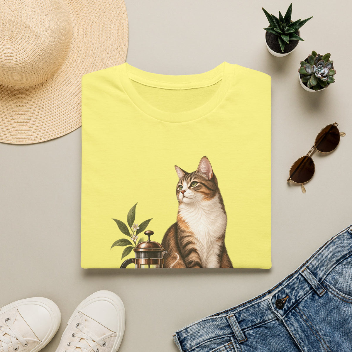Cat & French Press T-Shirt — Cozy Coffee Lover Cat Tee