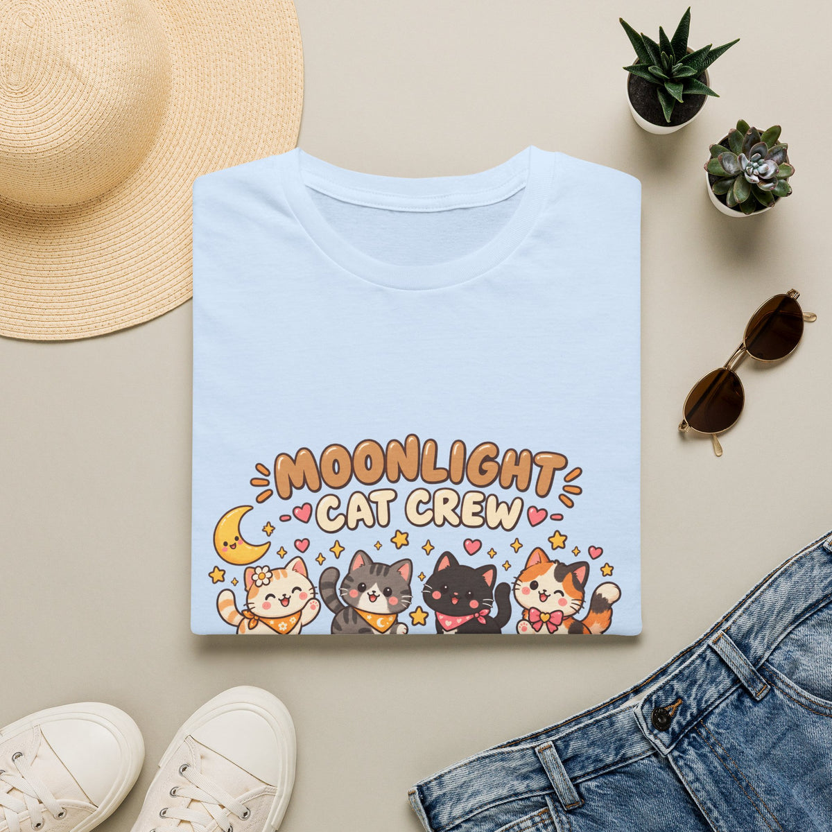 Moonlight Cat Crew T-Shirt — Cute Kawaii Cat Graphic Tee