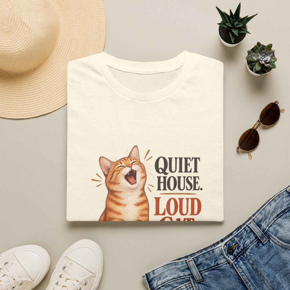 Cat T-Shirt — "Quiet House. Loud Cat." Cute Yawning Tabby Graphic Tee for Cat Lovers