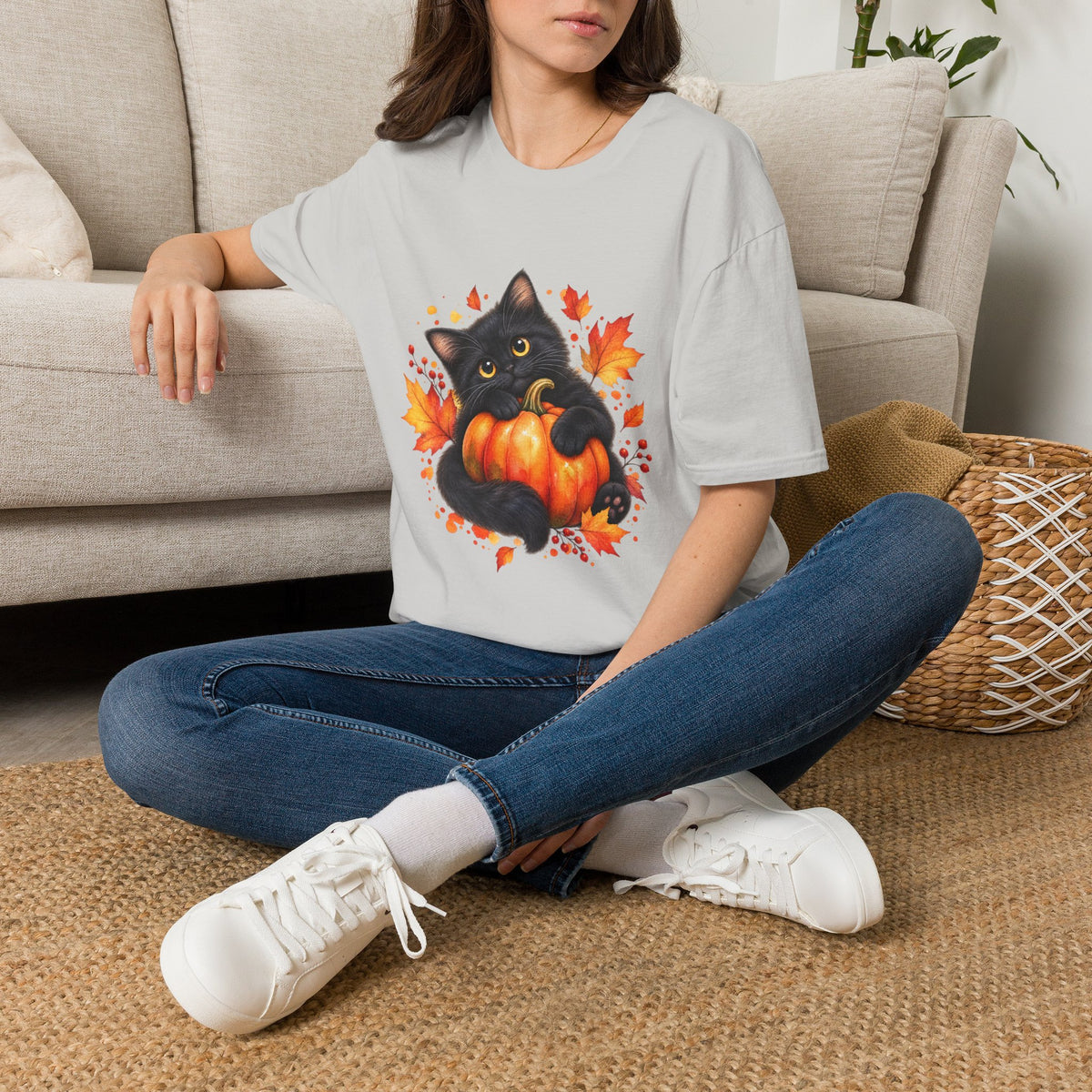 Black Cat Pumpkin T-Shirt — Cute Fall Halloween Tee with Autumn Leaves