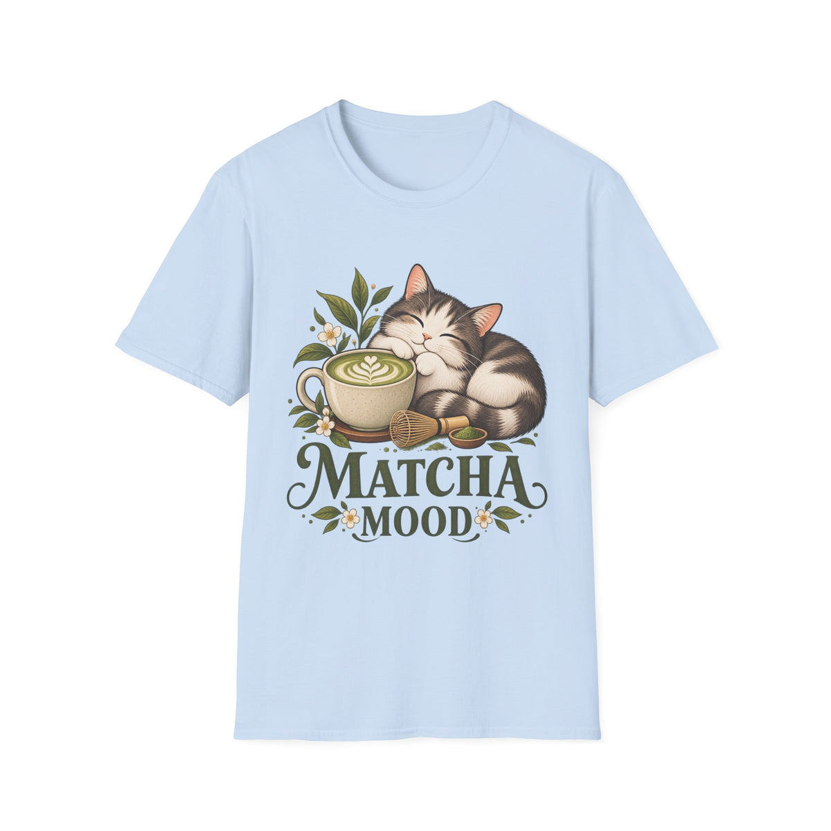 Matcha Mood Cat T-Shirt — Cute Sleeping Cat & Matcha Latte Tee for Tea Lovers